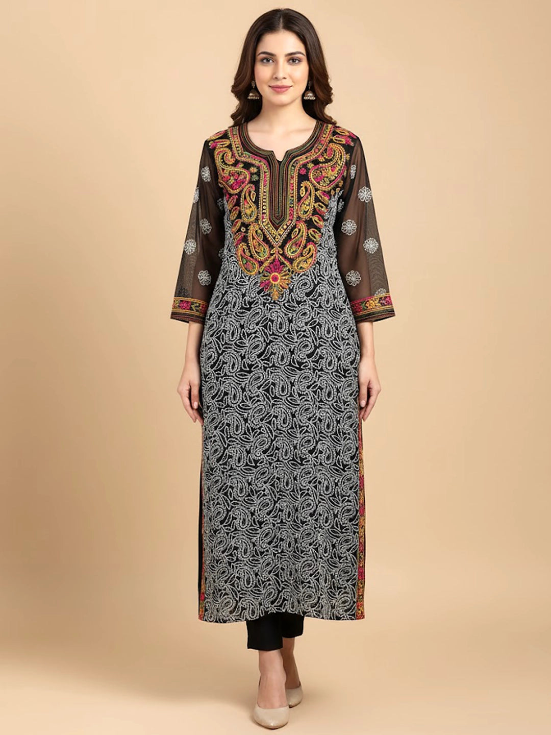Black Multi Georgette Chikankari Straight Kurti