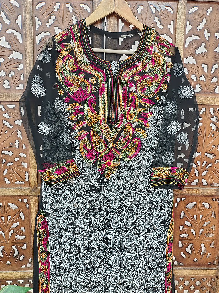 Black Multi Georgette Chikankari Straight Kurti