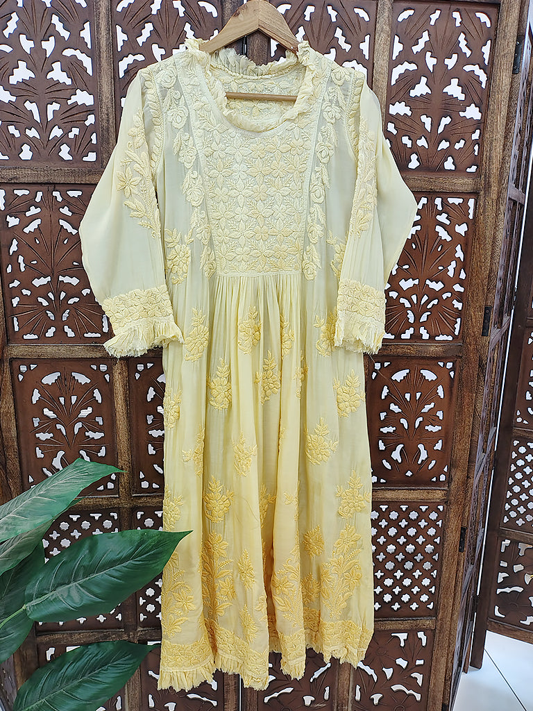 Yellow Muslin Chikankari Anarkali