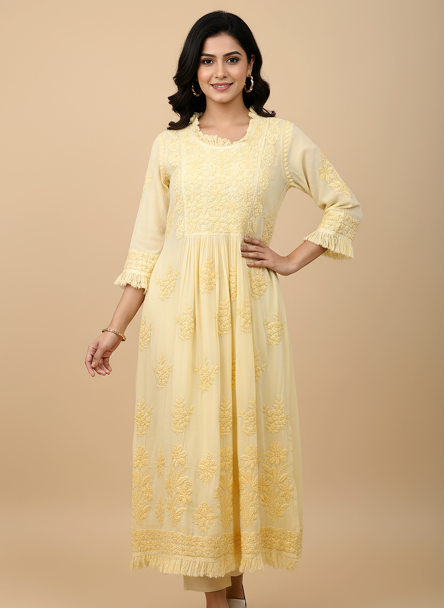 Yellow Muslin Chikankari Anarkali