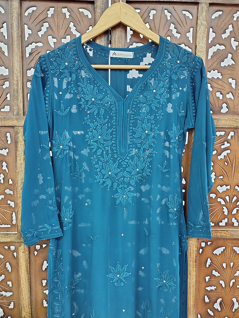 Blue Viscose Chikankari Straight Kurti