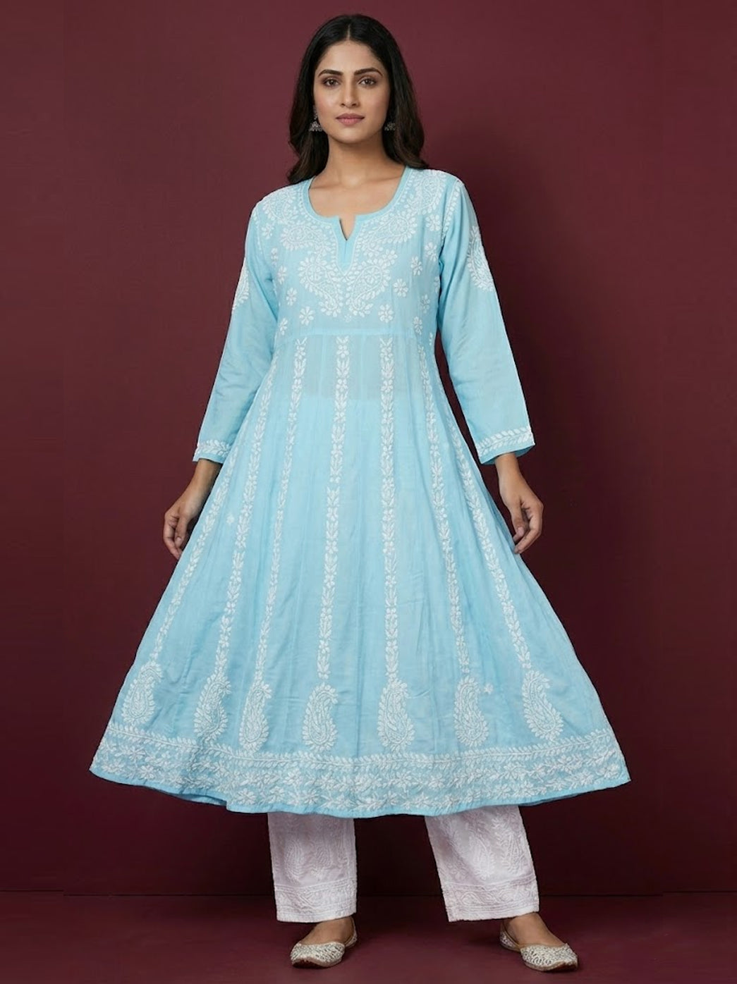 Sky Blue Modal Chikankari Anarkali Kurti