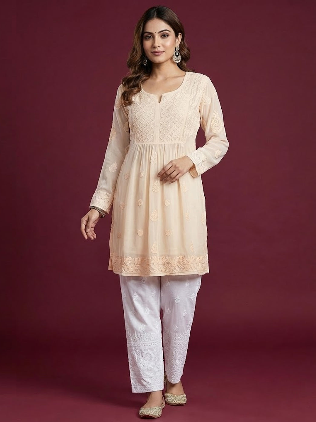 Beige Viscose Chikankari Short Top