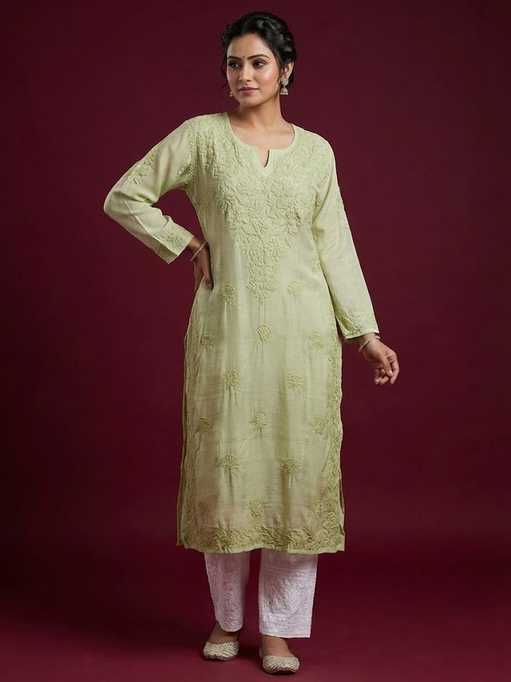 Mehndi Green Muslin Chikankari Straight Kurti