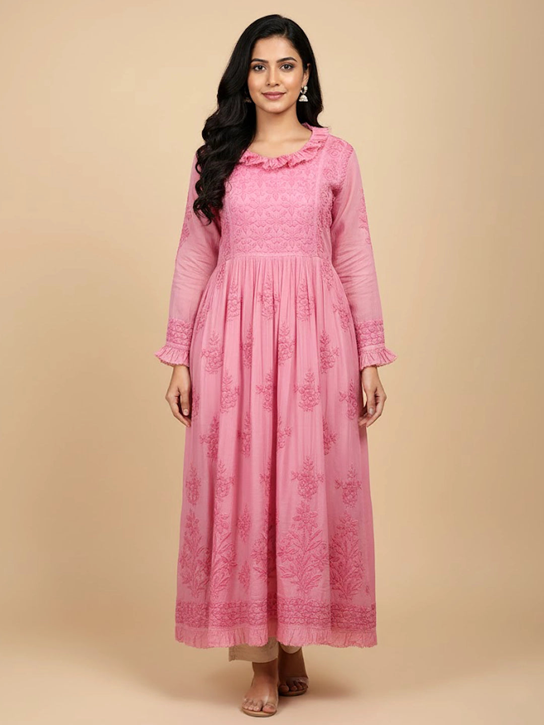 Peach Muslin Chikankari A-Line Kurti