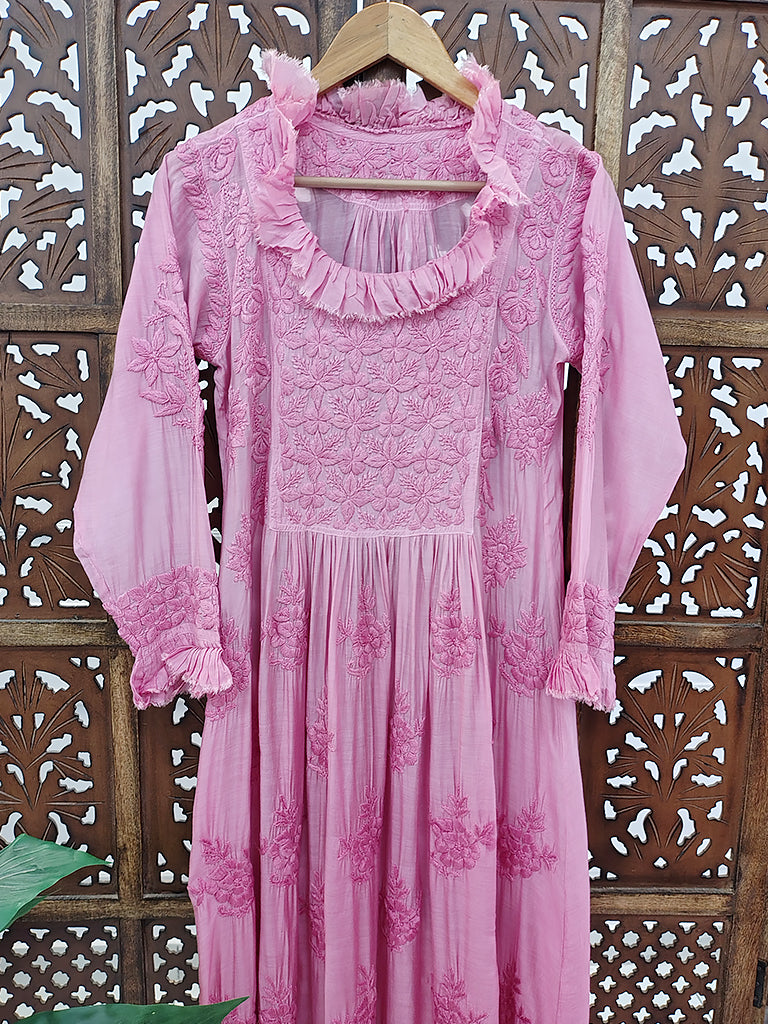 Peach Muslin Chikankari A-Line Kurti