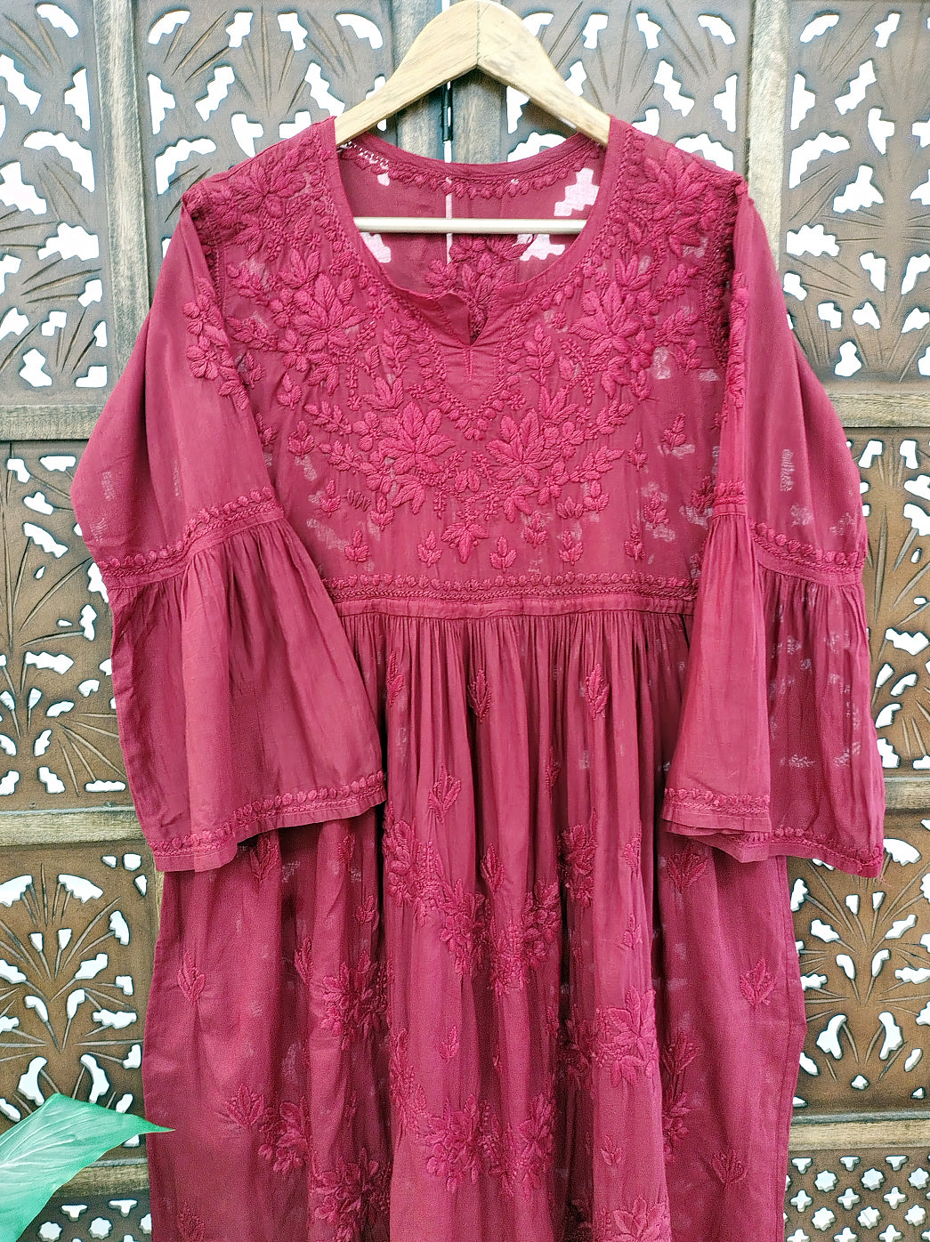 Maroon Cotton Chikankari A-Line Kurti