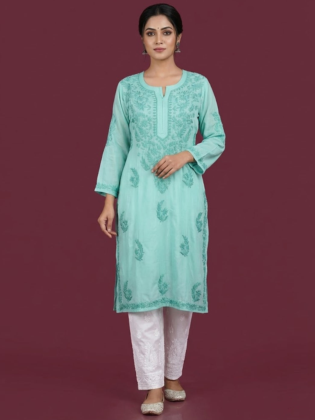 Green Modal Chikankari Straight Kurti