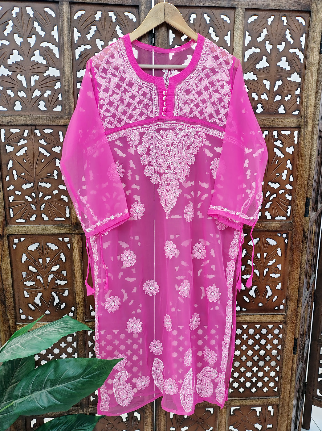 Pink Georgette Chikankari Straight Kurti