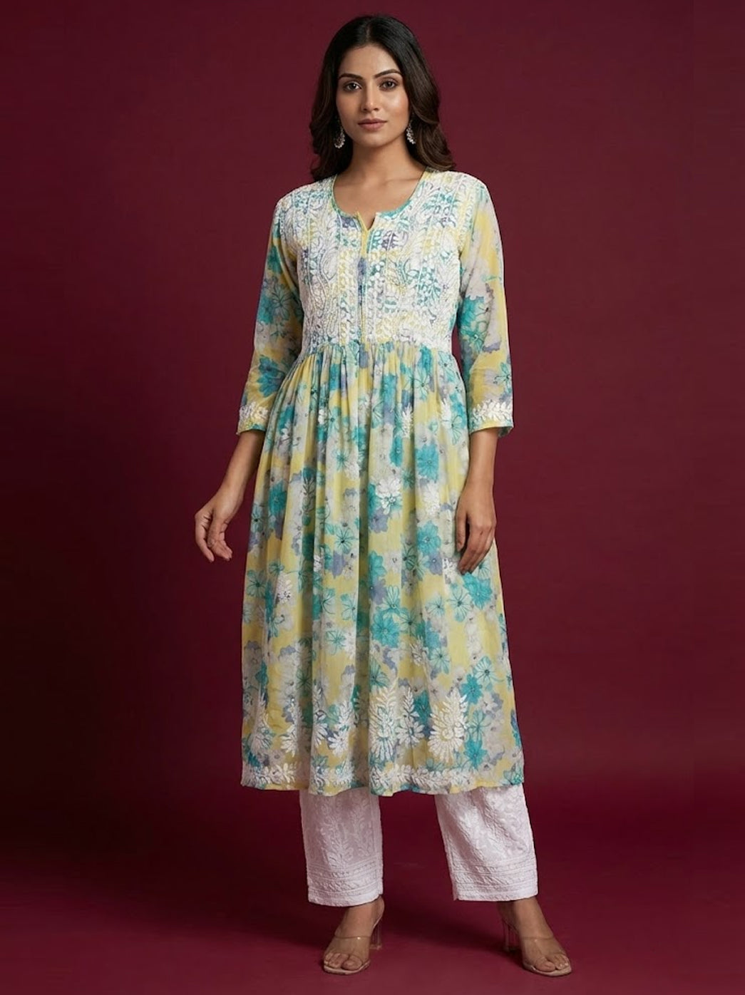 Yellow Mulmul Printed Chikankari A-Line Kurti
