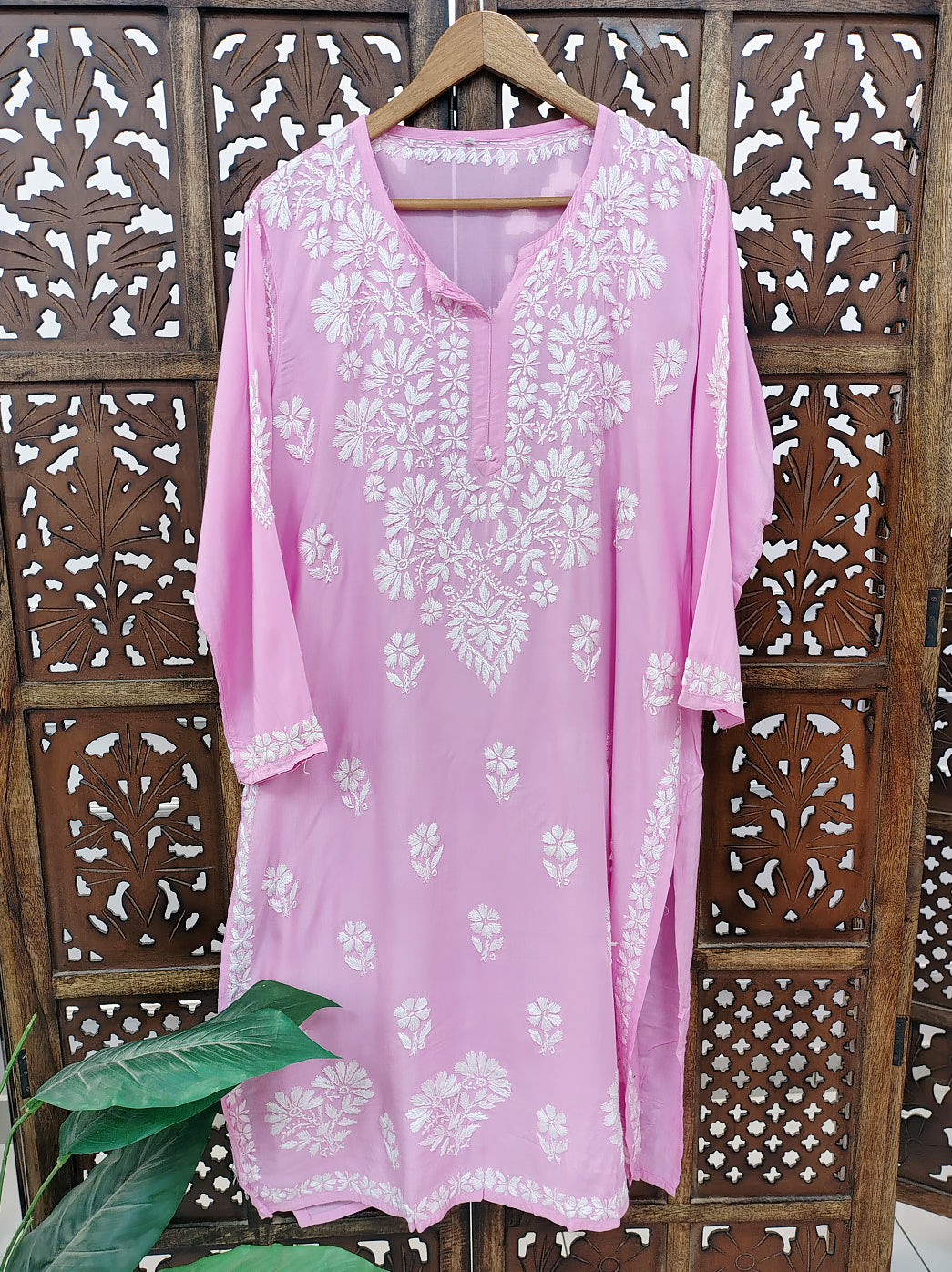 Pink Rayon Chikankari Straight Kurti