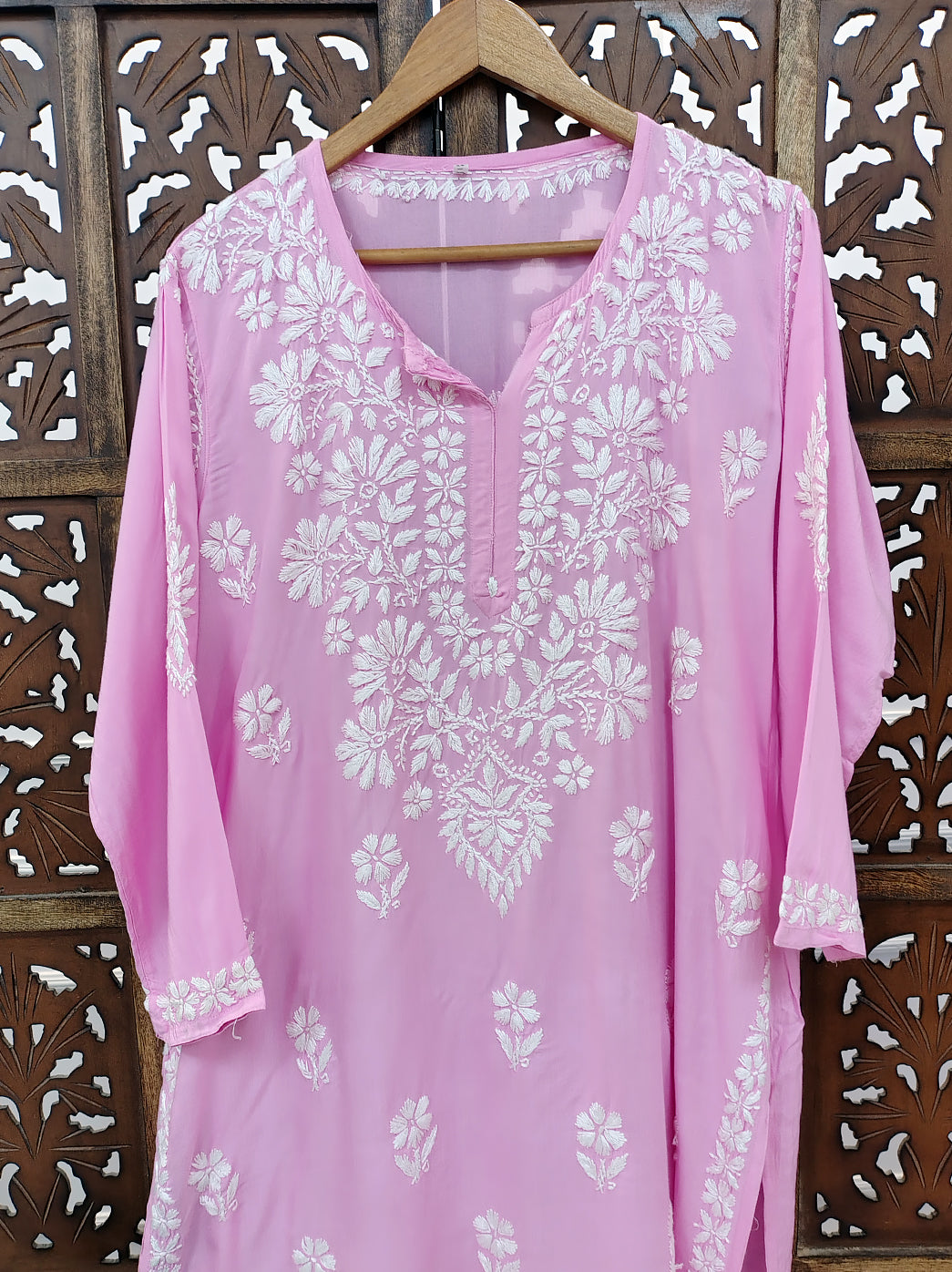 Pink Rayon Chikankari Straight Kurti