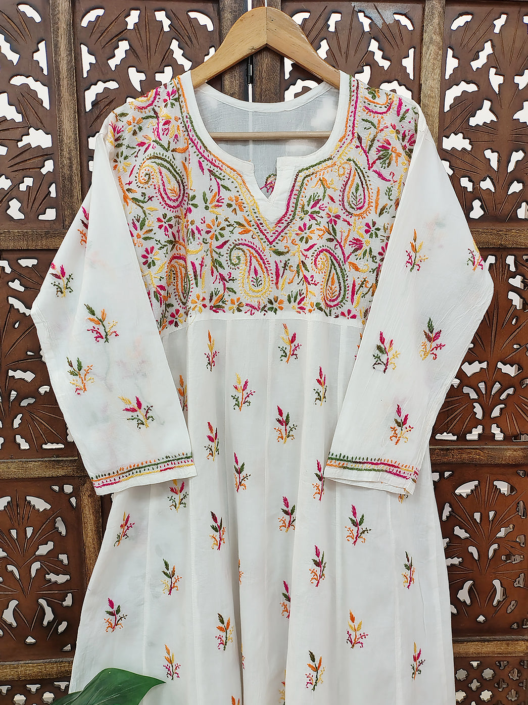 White Cotton Chikankari A-Line Kurti