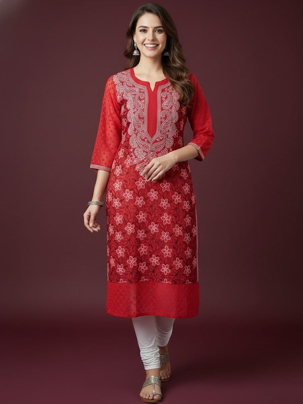 Red Georgette Chikankari Straight Kurti