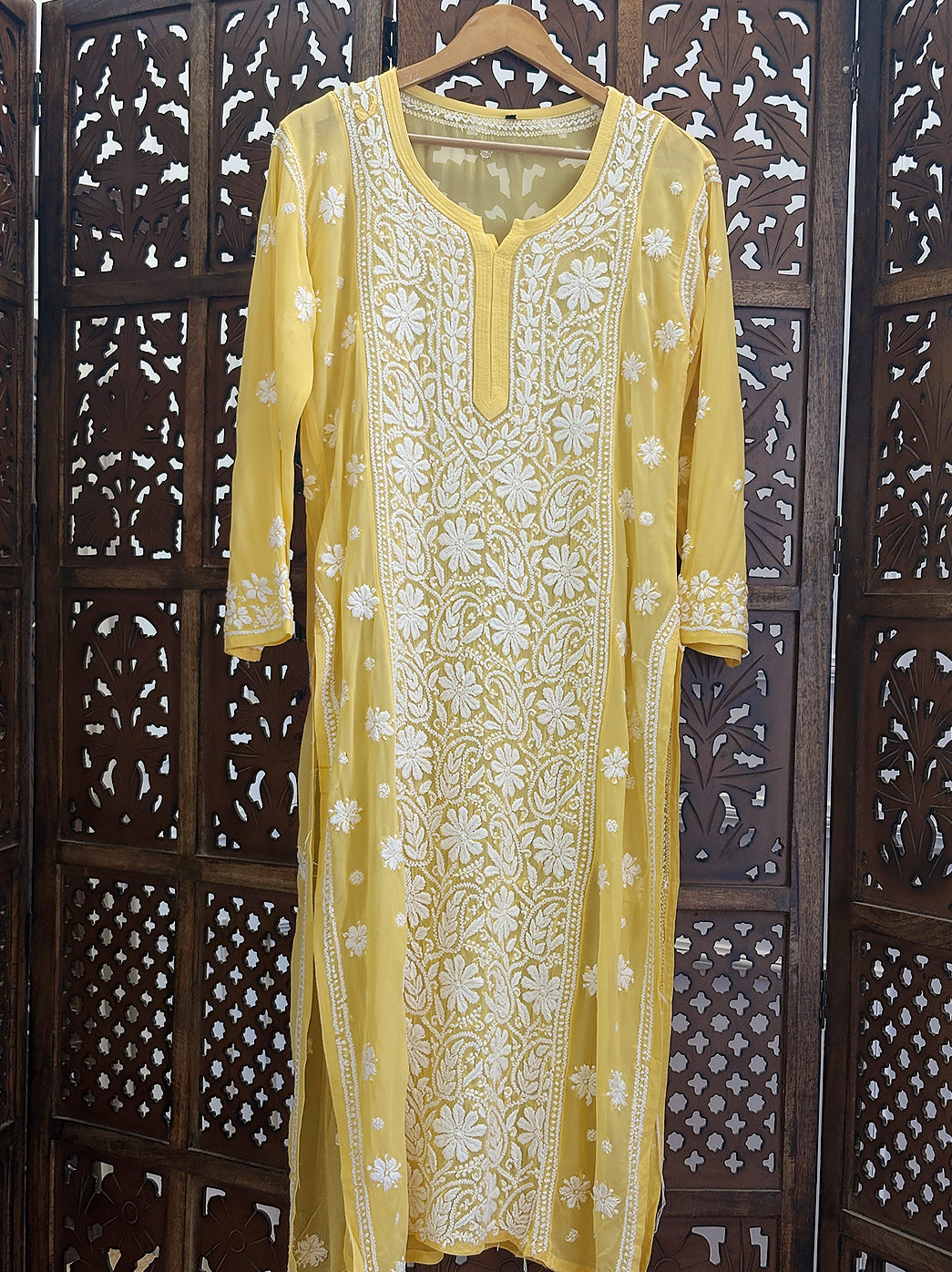 Yellow Viscose Chikankari Straight Kurti