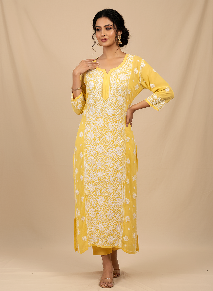 Yellow Viscose Chikankari Straight Kurti