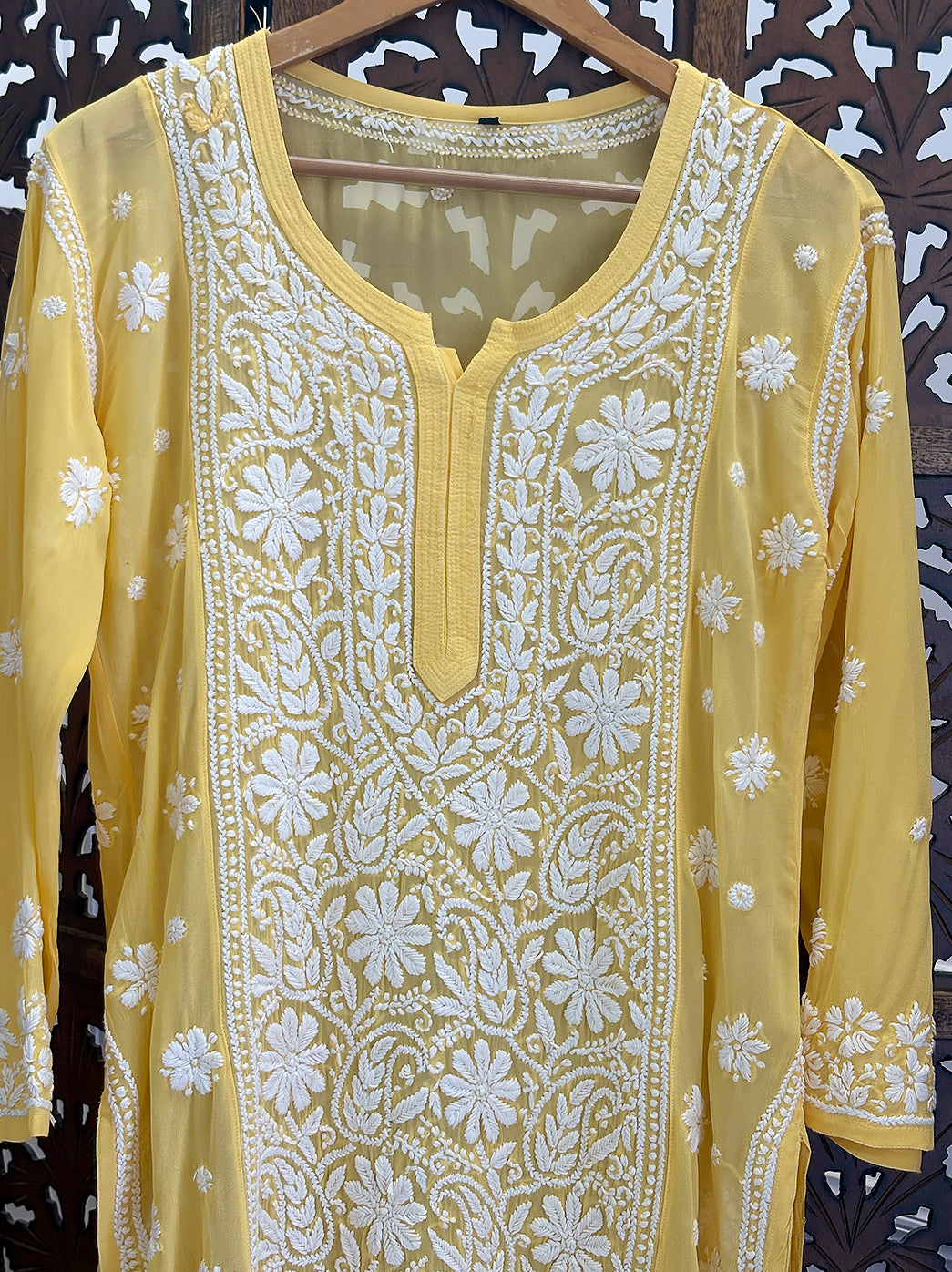 Yellow Viscose Chikankari Straight Kurti
