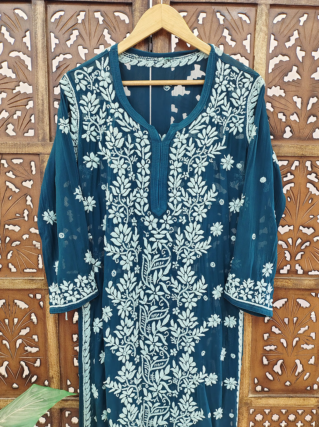 Teal Green Viscose Chikankari Straight Kurti