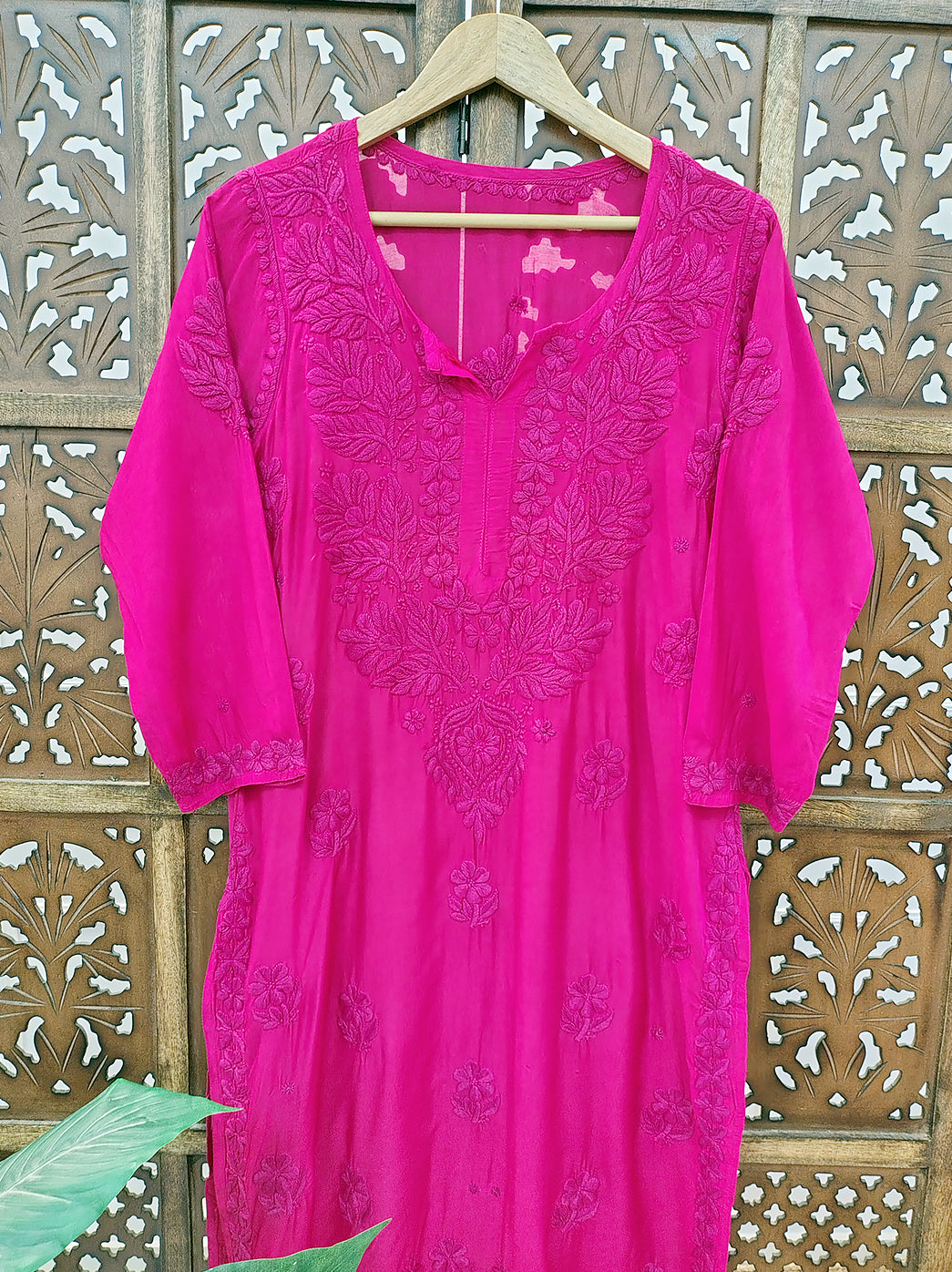 Hot Pink Muslin Chikankari Straight Kurti