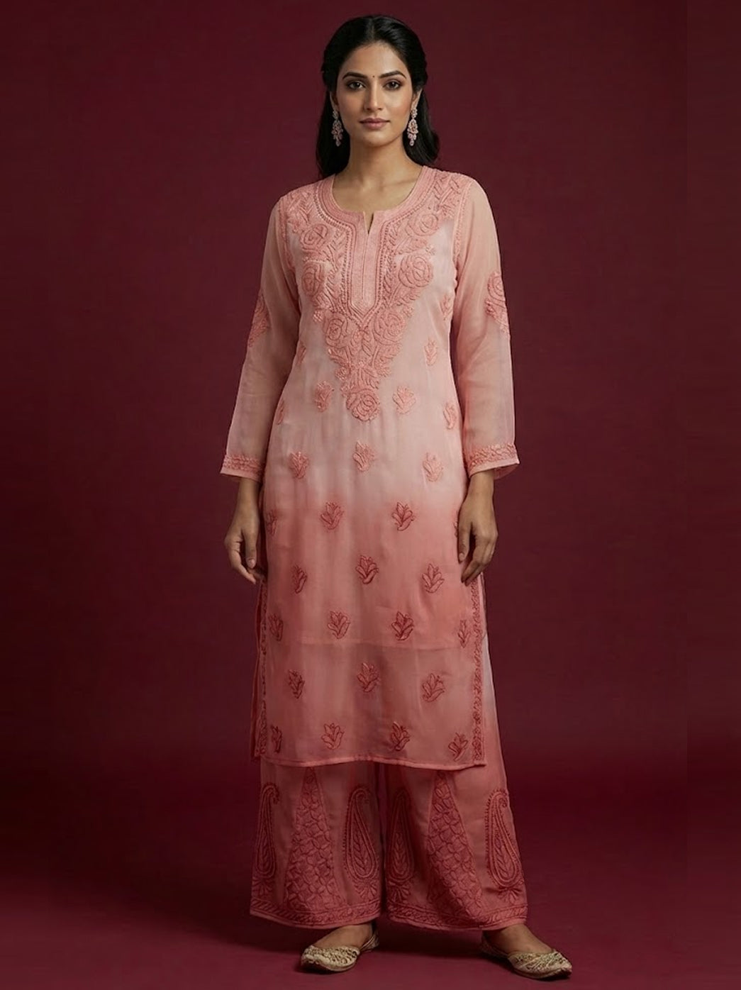 Ombre Choco Georgette Chikankari Straight Kurta Set