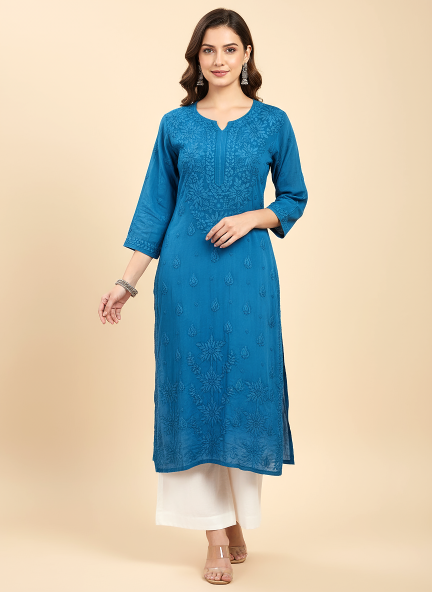 Blue Crepe Chikankari Straight Kurti