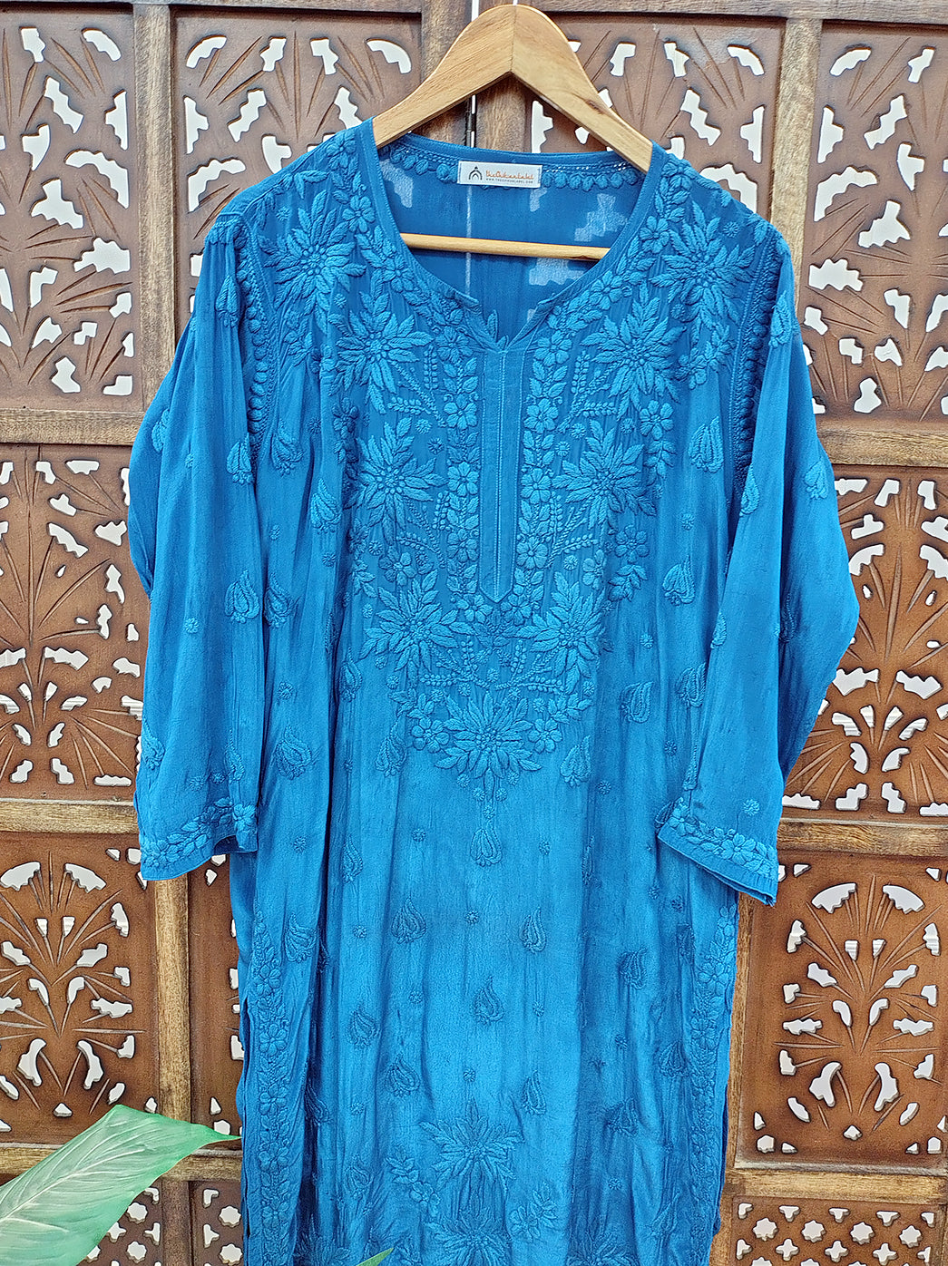 Blue Crepe Chikankari Straight Kurti