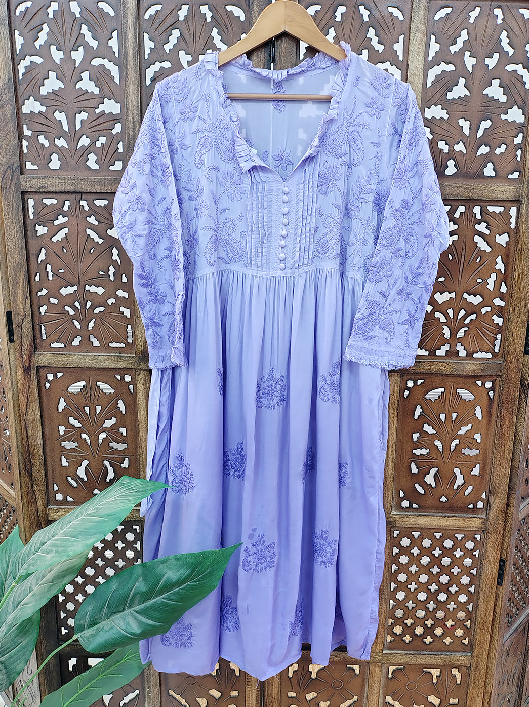 Lavender Muslin Chikankari A-Line Kurti