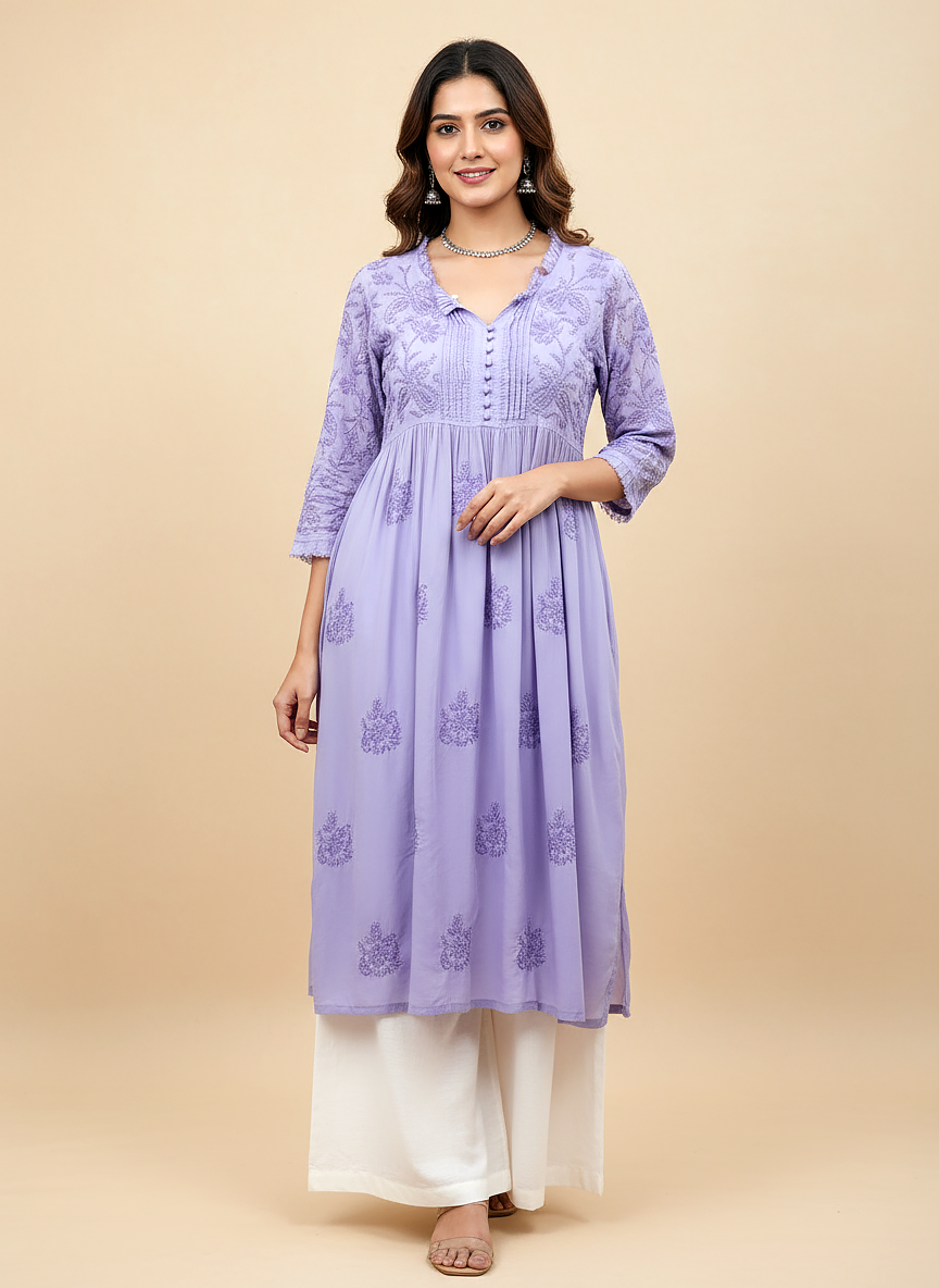 Lavender Muslin Chikankari A-Line Kurti