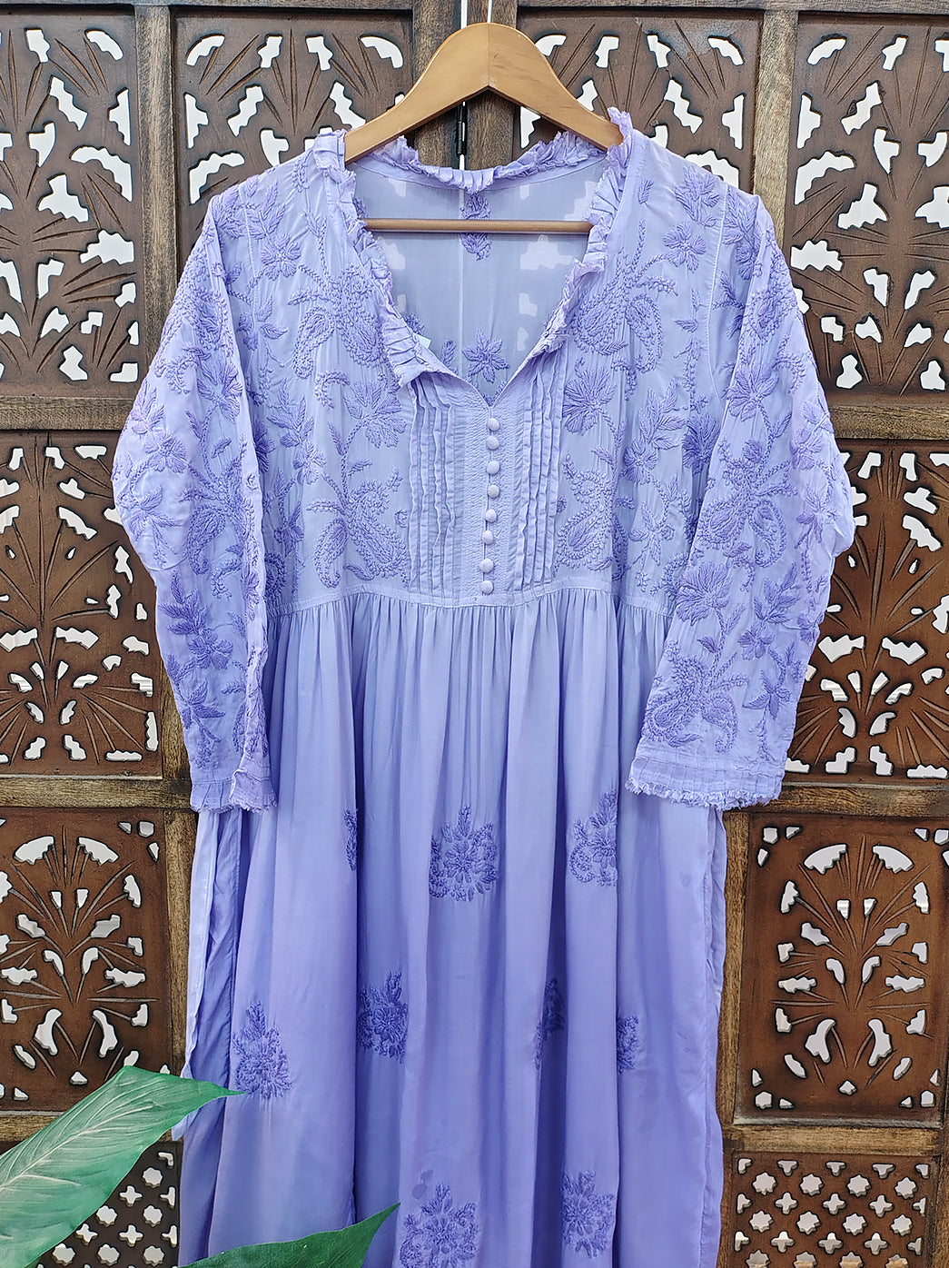 Lavender Muslin Chikankari A-Line Kurti
