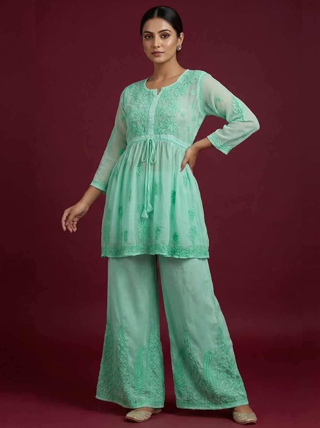 Ombre Sea Green Georgette Chikankari Short Kurta Set
