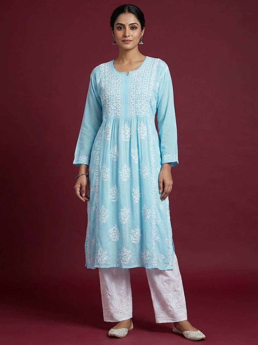 Sky Blue Modal Chikankari A-Line Kurti