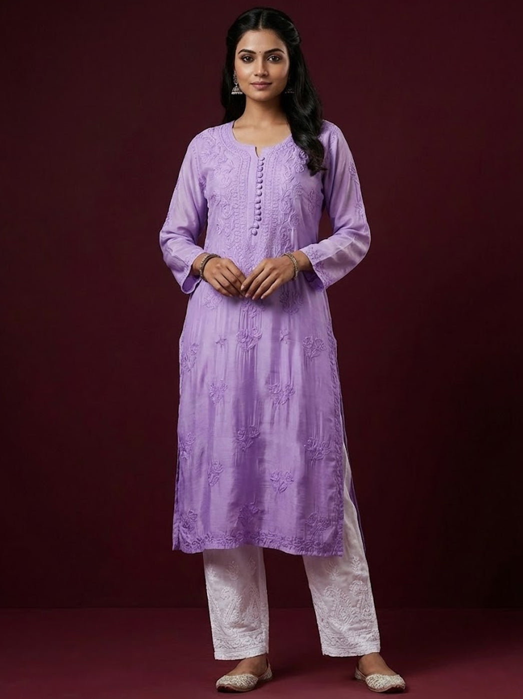 Lavender Muslin Chikankari Straight Kurti