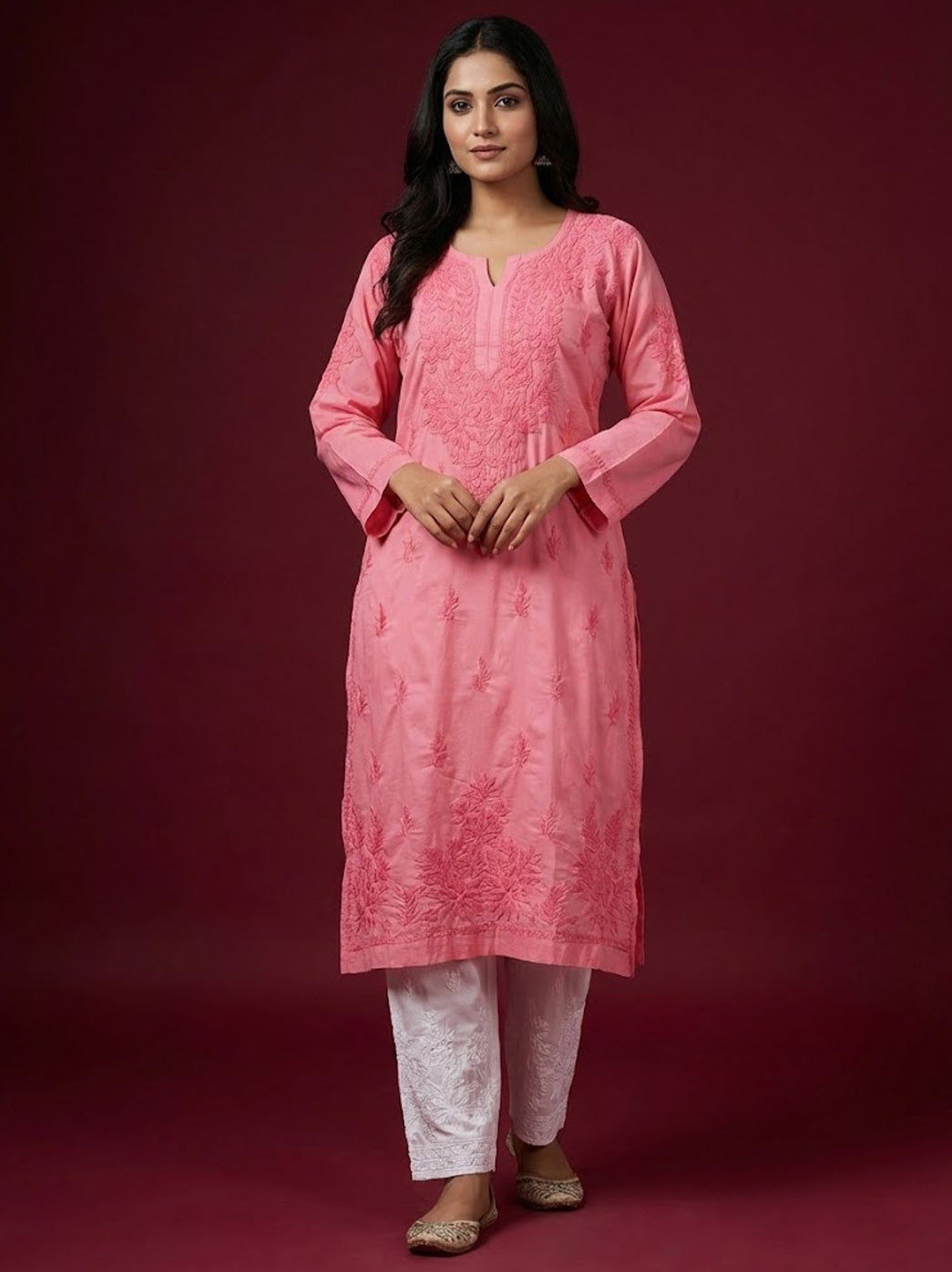 Coral Cotton Chikankari Straight Kurti