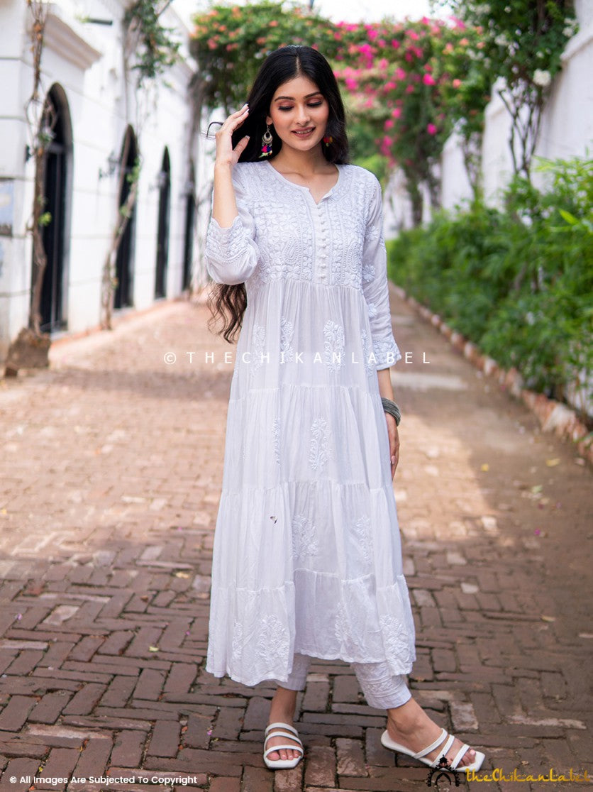 White Muslin Masakkali Tier Gown Lucknowi Chikankari Flare Kurti