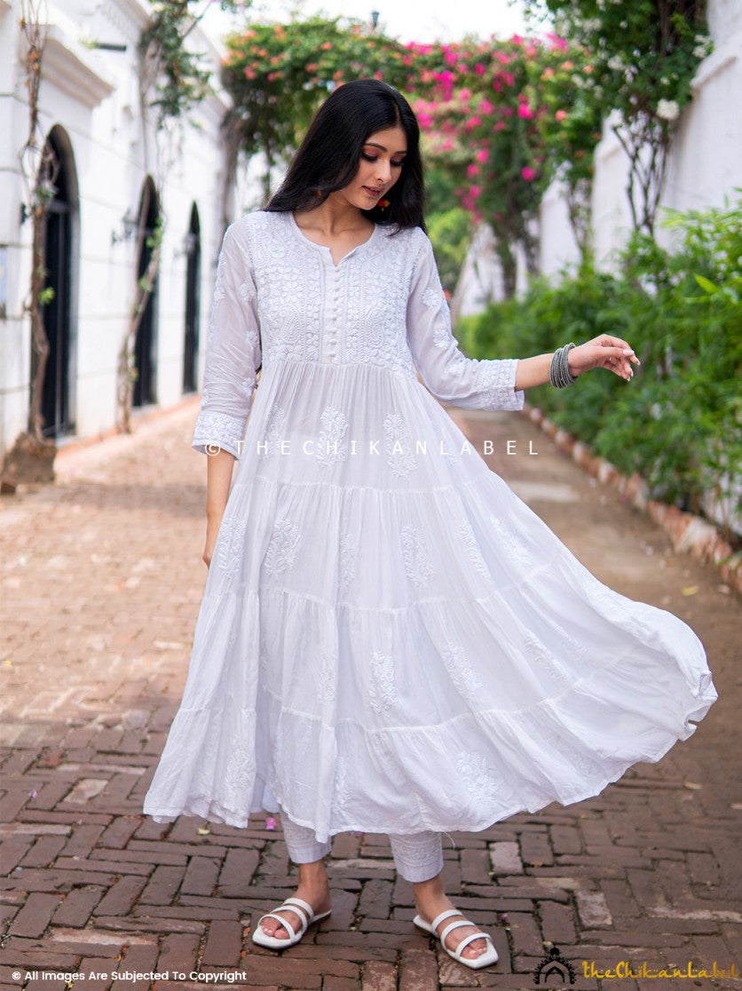 White Muslin Masakkali Tier Gown Lucknowi Chikankari Flare Kurti