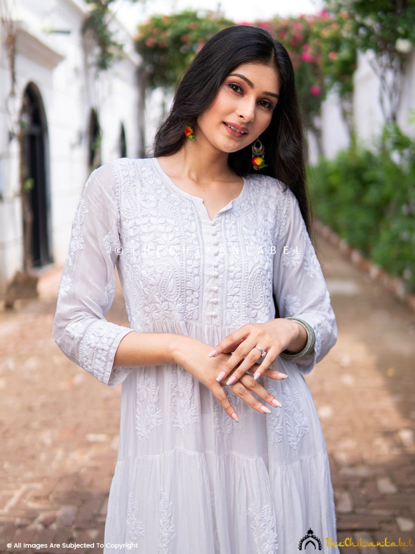 White Muslin Masakkali Tier Gown Lucknowi Chikankari Flare Kurti