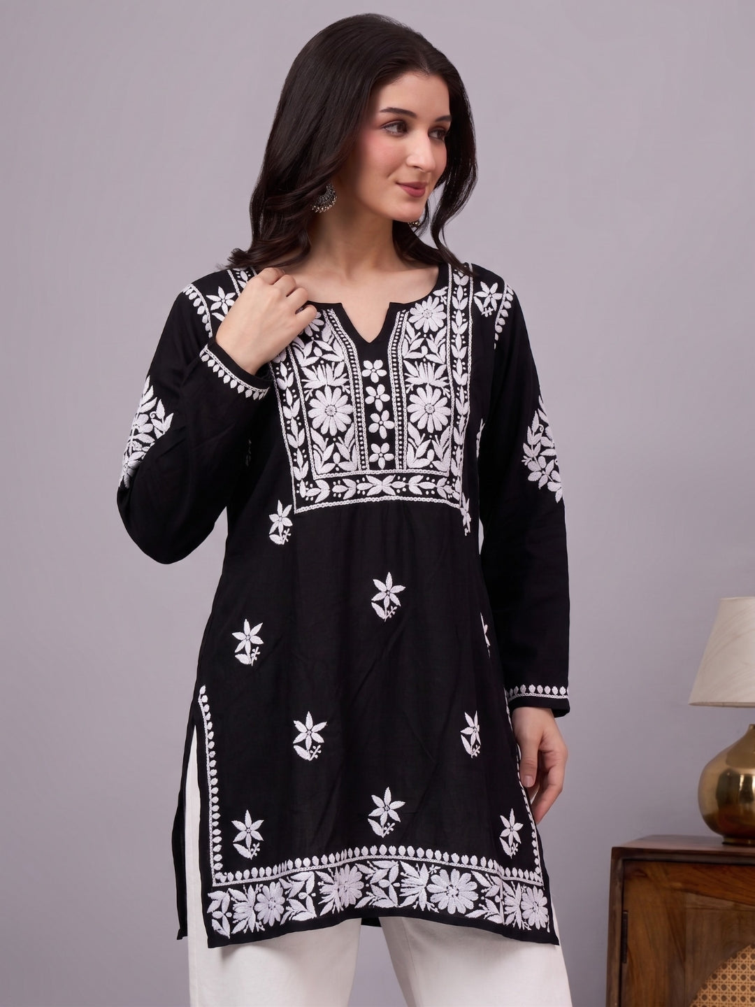 Nushq Rayon Chikankari Short Kurti - Black