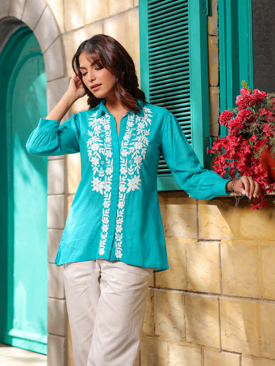 Drisha Mulmul Cotton Chikankari Shirt - Green