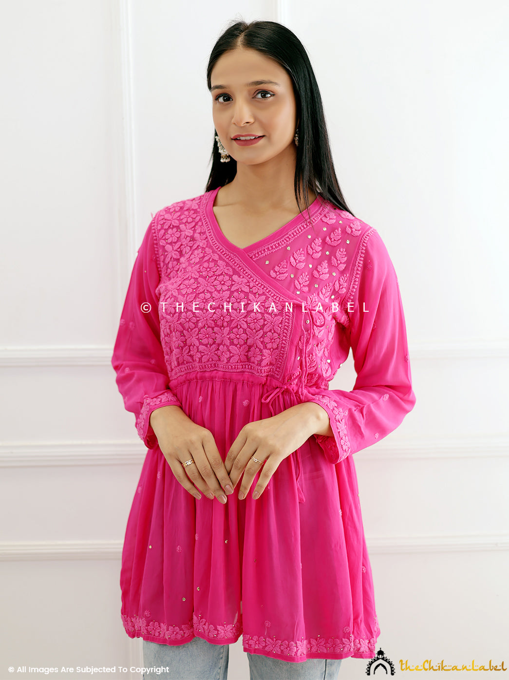 Hot Pink Viscose Chikankari Peplum Angrakha