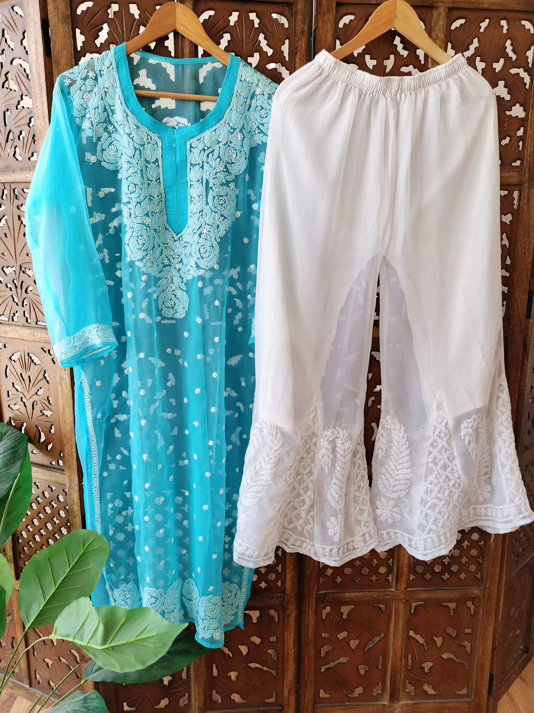 Sky Blue Georgette Chikankari Kurti Sharara Set