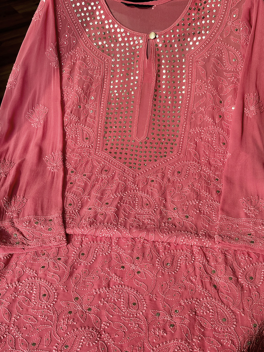 Coral Viscose Mukaish Chikankari Straight Kurti