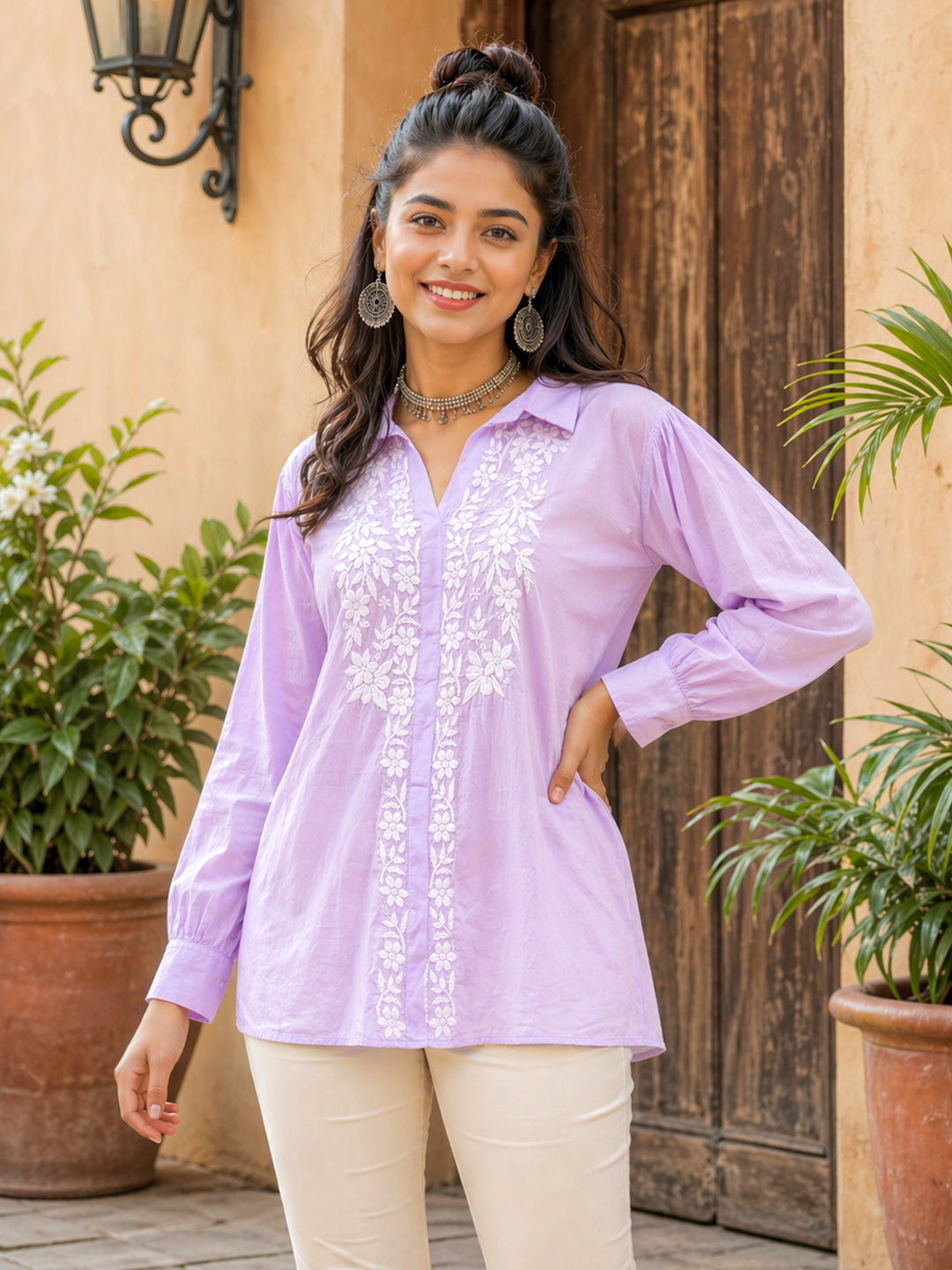 Drisha Mulmul Cotton Chikankari Shirt - Lavender