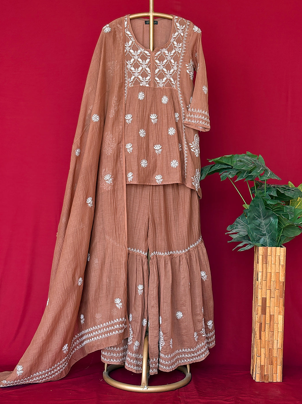 Brown Mulmul Chanderi Short Kurti Garara Set