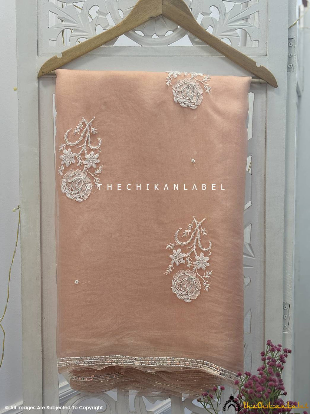 Light Peach Aafreen Organza Chikankari Pearl Work Saree