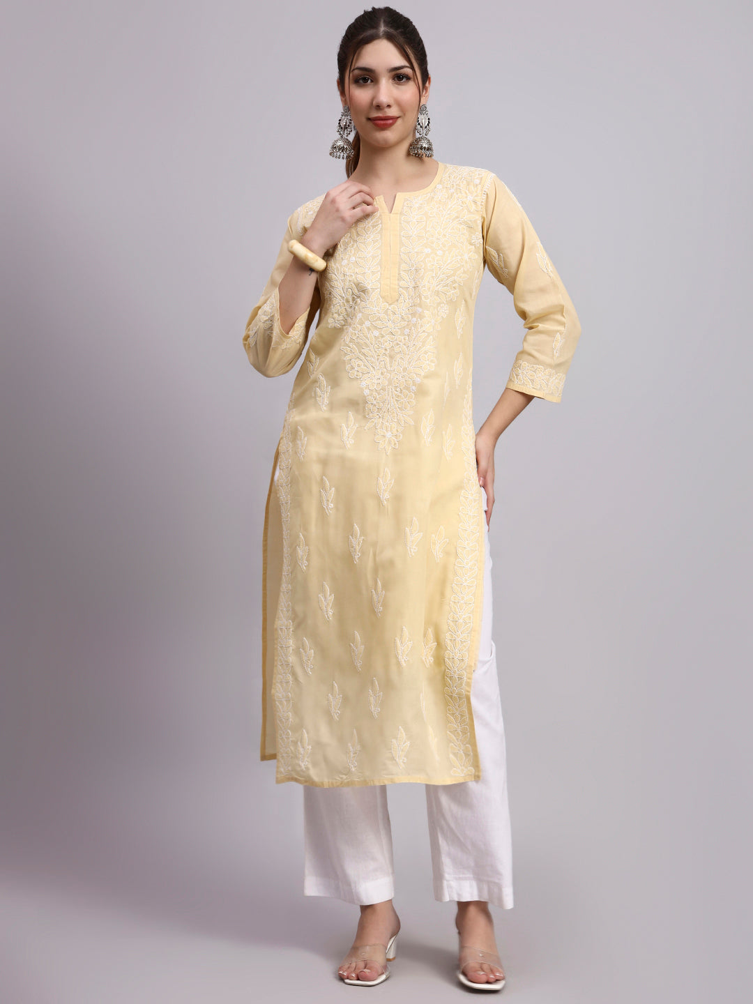 Traditional Chikankari cotton kurti with modern straight silhouette perfect for workwear and casual styling