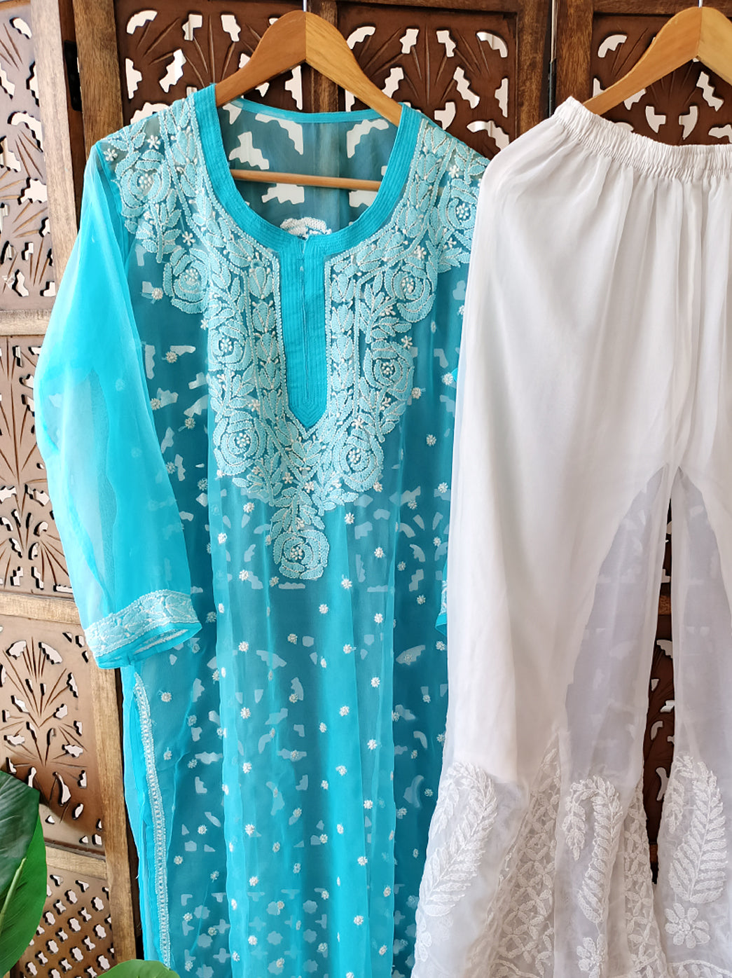 Sky Blue Georgette Chikankari Kurti Sharara Set