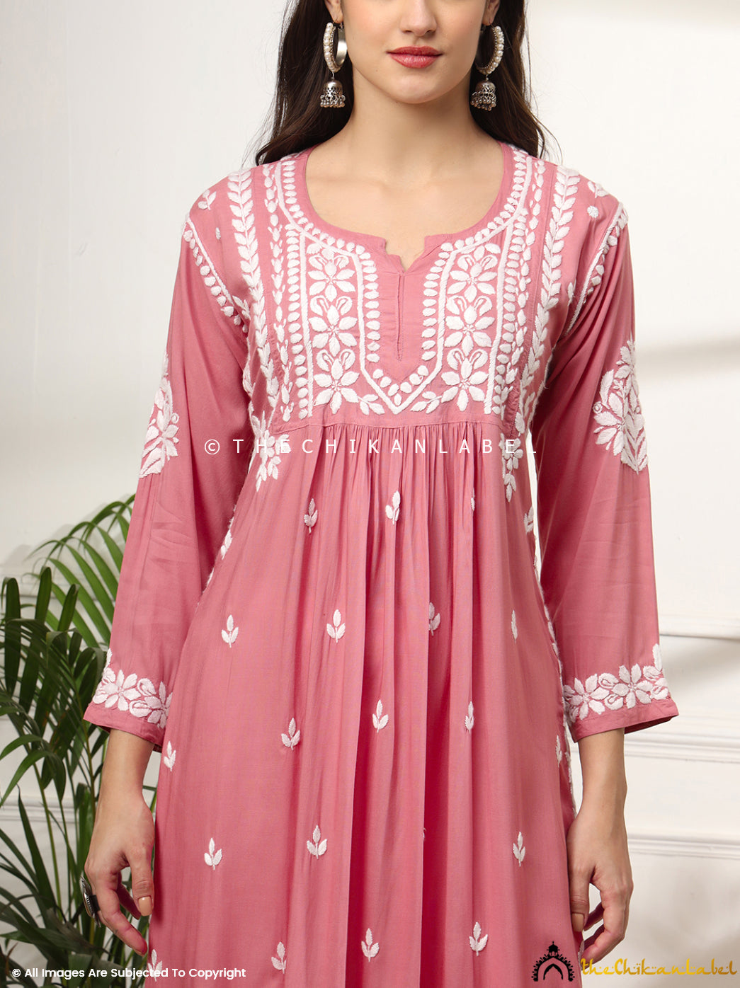 Aardhya coral kurti with white hand embroidery