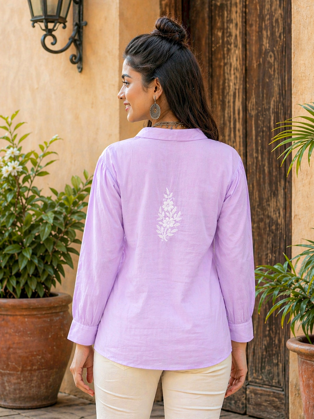Drisha Mulmul Cotton Chikankari Shirt - Lavender