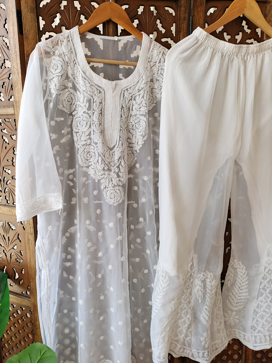 White Georgette Chikankari Kurti Sharara Set