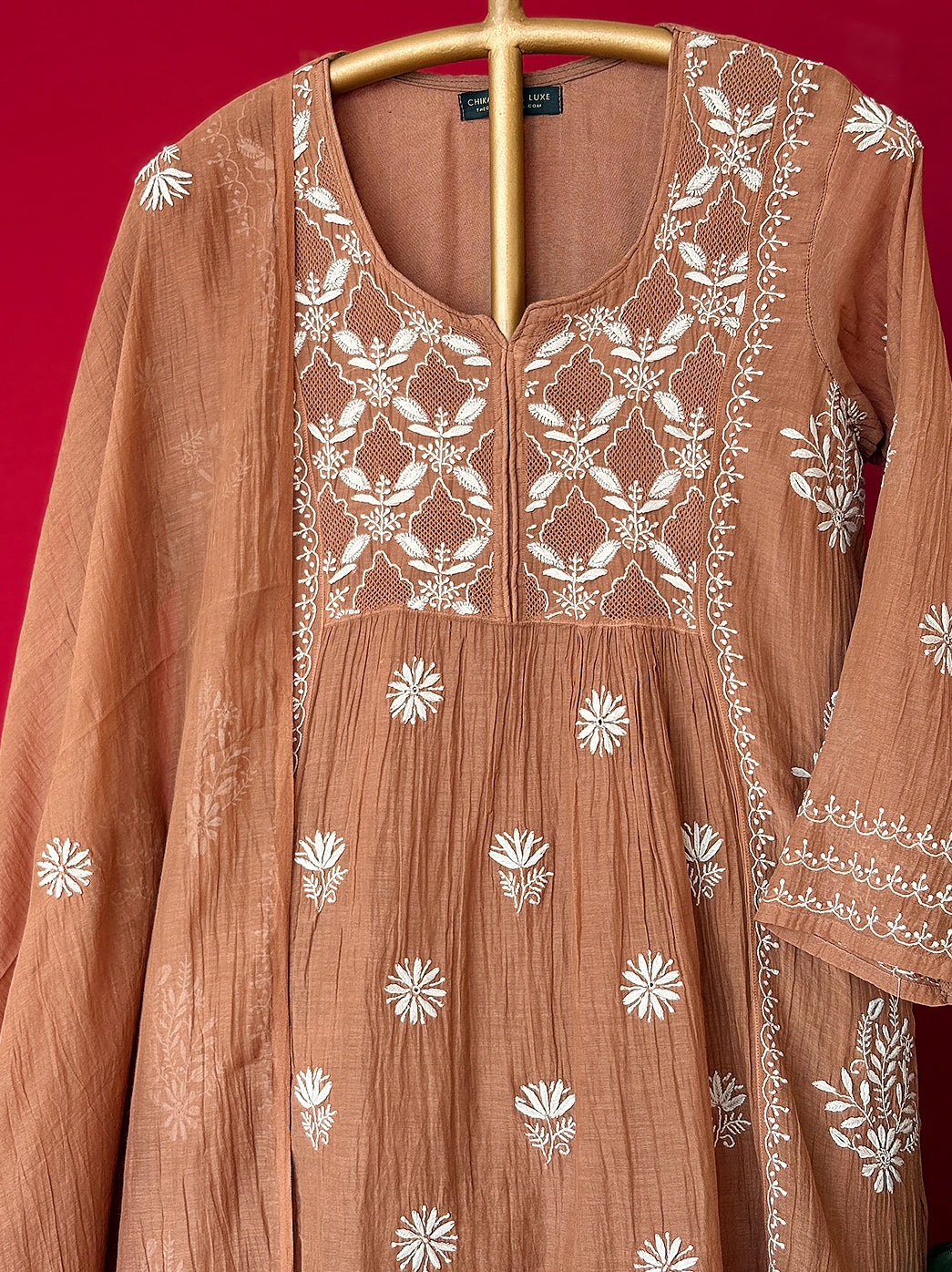 Brown Mulmul Chanderi Short Kurti Garara Set